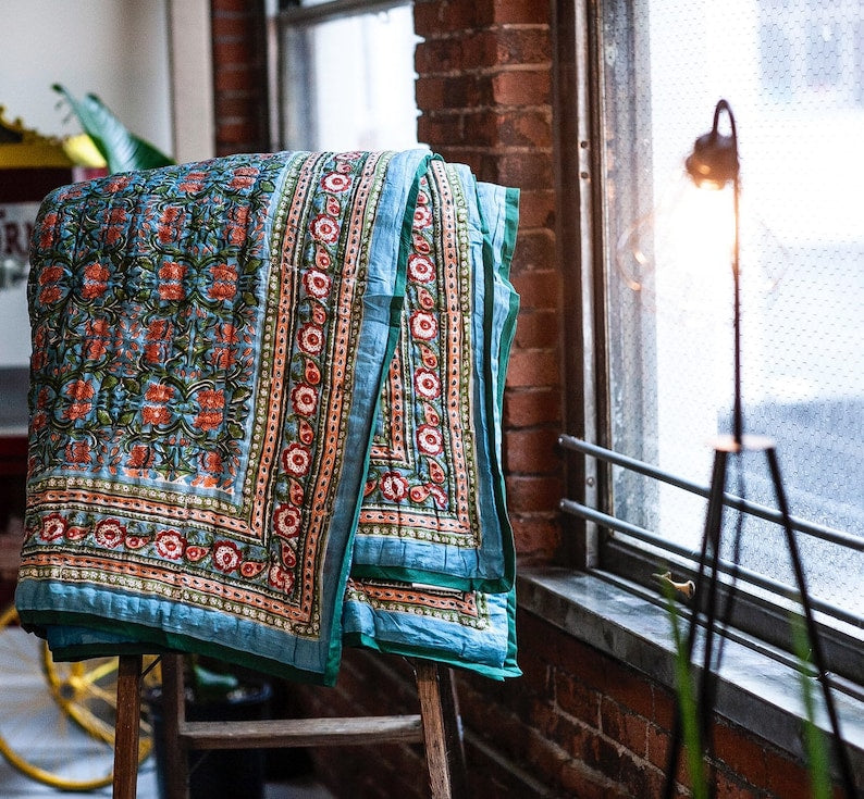 Turquoise Bohemian Quilt: King/Queen Size Indian Block Print Bedspread