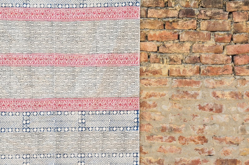 Hand Woven Dhurrie Rug: 4x6 Red & Blue Floral Cotton Area Rug