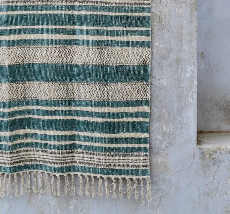 Handwoven Green Striped Dhurrie Rug: Indian Cotton Fringe Rug (4x6)
