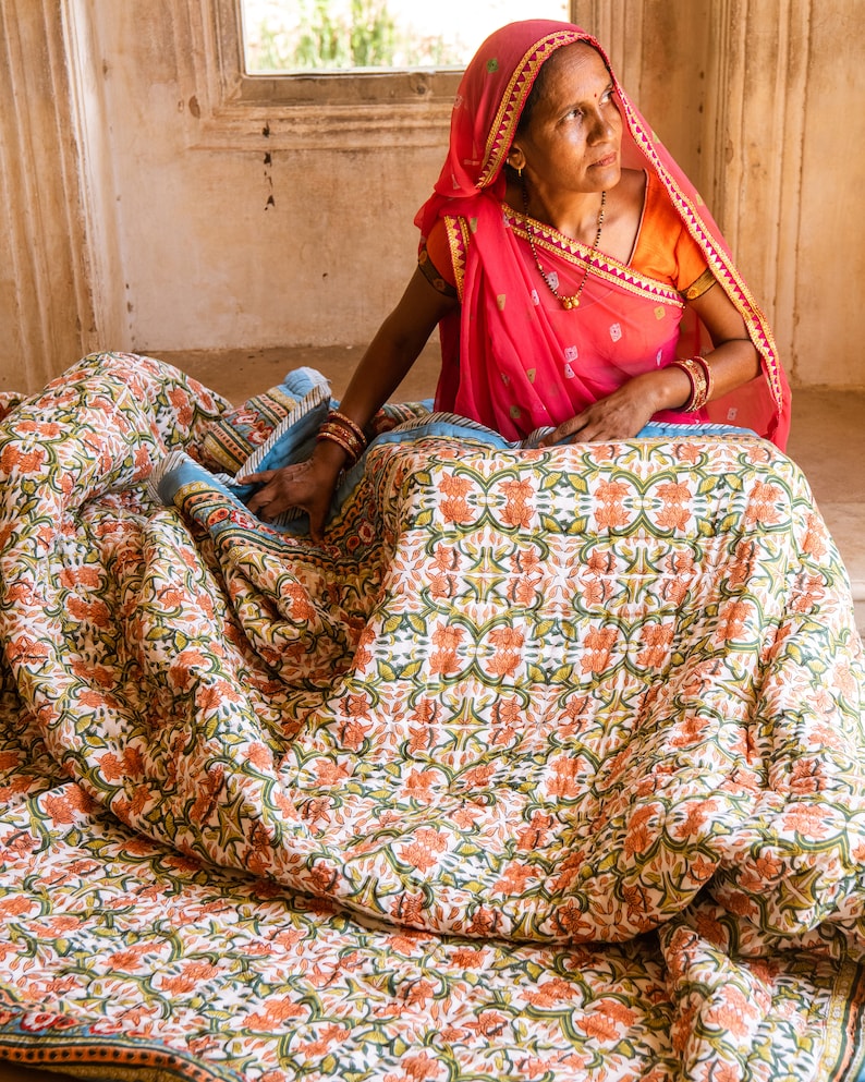 Turquoise Bohemian Quilt: King/Queen Size Indian Block Print Bedspread