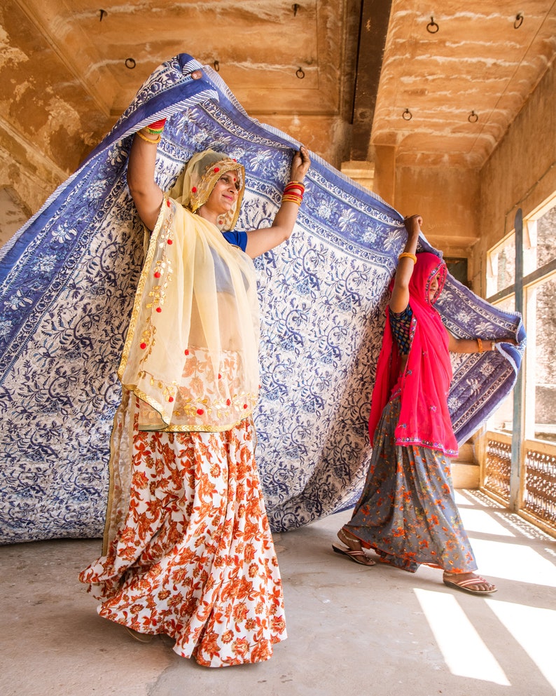 Floral Kantha Quilt Set: Reversible Block Printed Cotton Bedspread