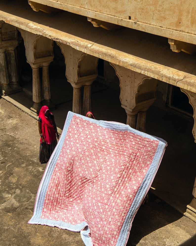 Pink King Size Kantha Quilt: Reversible Boho Block Print Comforter