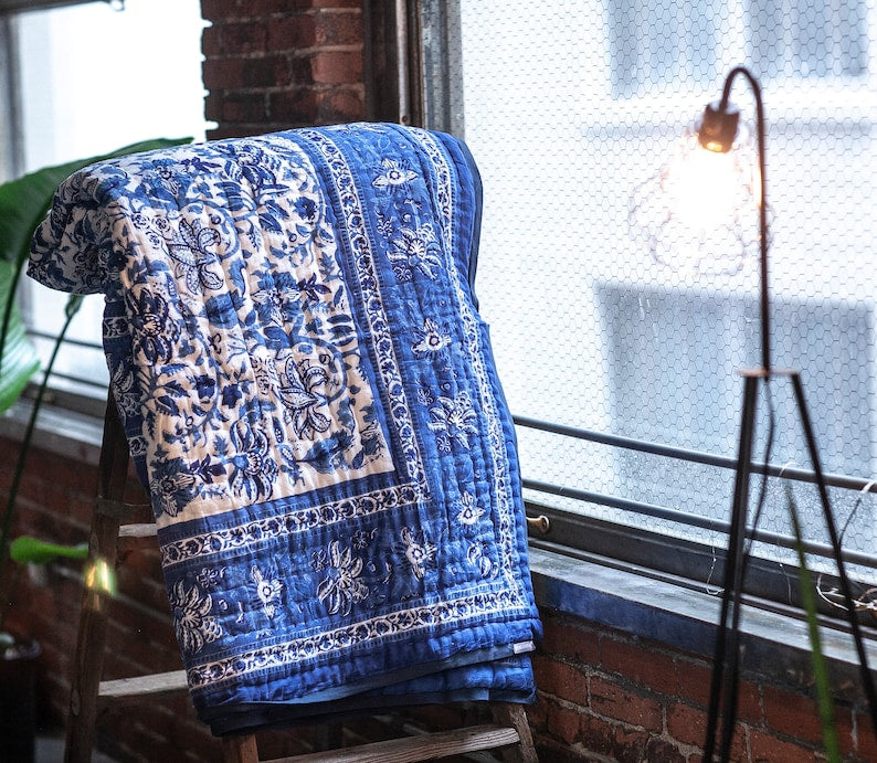 Handmade Cotton Quilt: King/Queen Size, Blue Floral Indian Bedspread