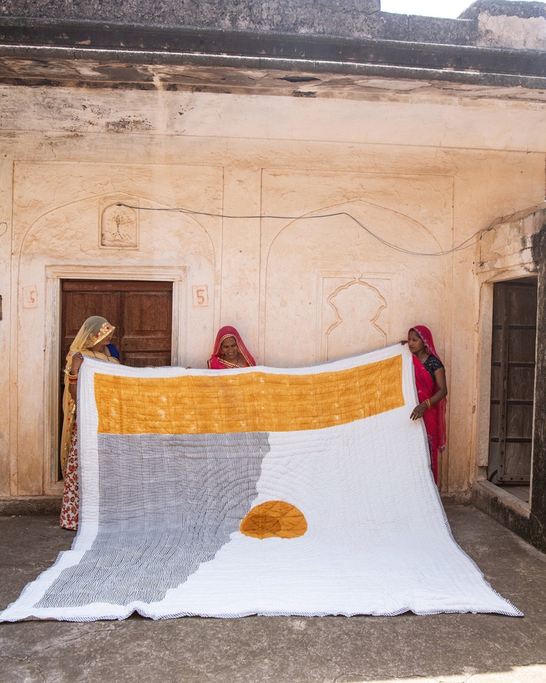 Hand-Block Printed Kantha Quilt Set: Reversible Boho Bedding