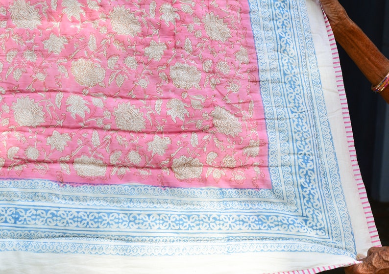 Handmade Twin Size Block Print Quilt: Pink & Blue Floral Kantha
