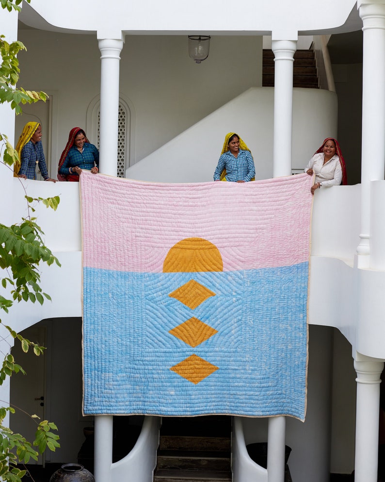 Handmade Kantha Stitched Quilt: Abstract Sunset Design, 100% Cotton