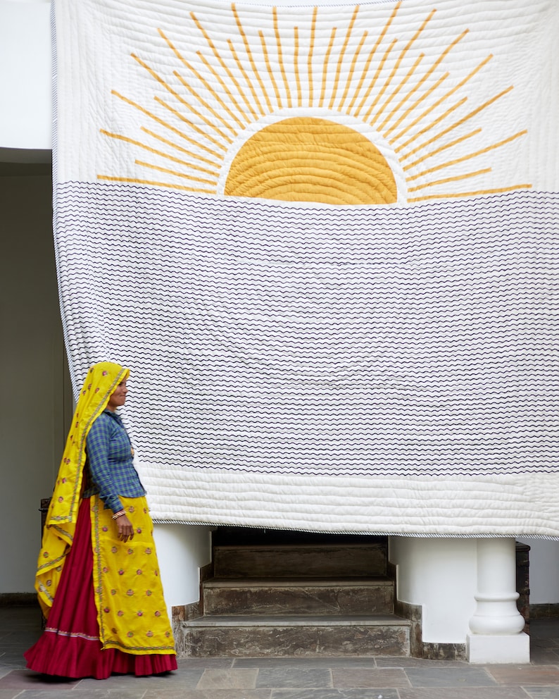 Handmade Twin XL Cotton Quilt: Van Gogh Starry Night Block Print Kantha Blanket