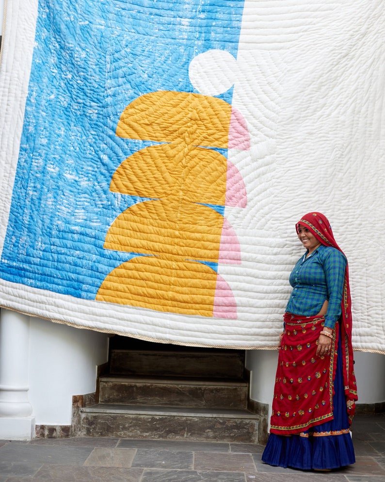 Handmade Kantha Stitched Quilt: Abstract Sunset Design, 100% Cotton
