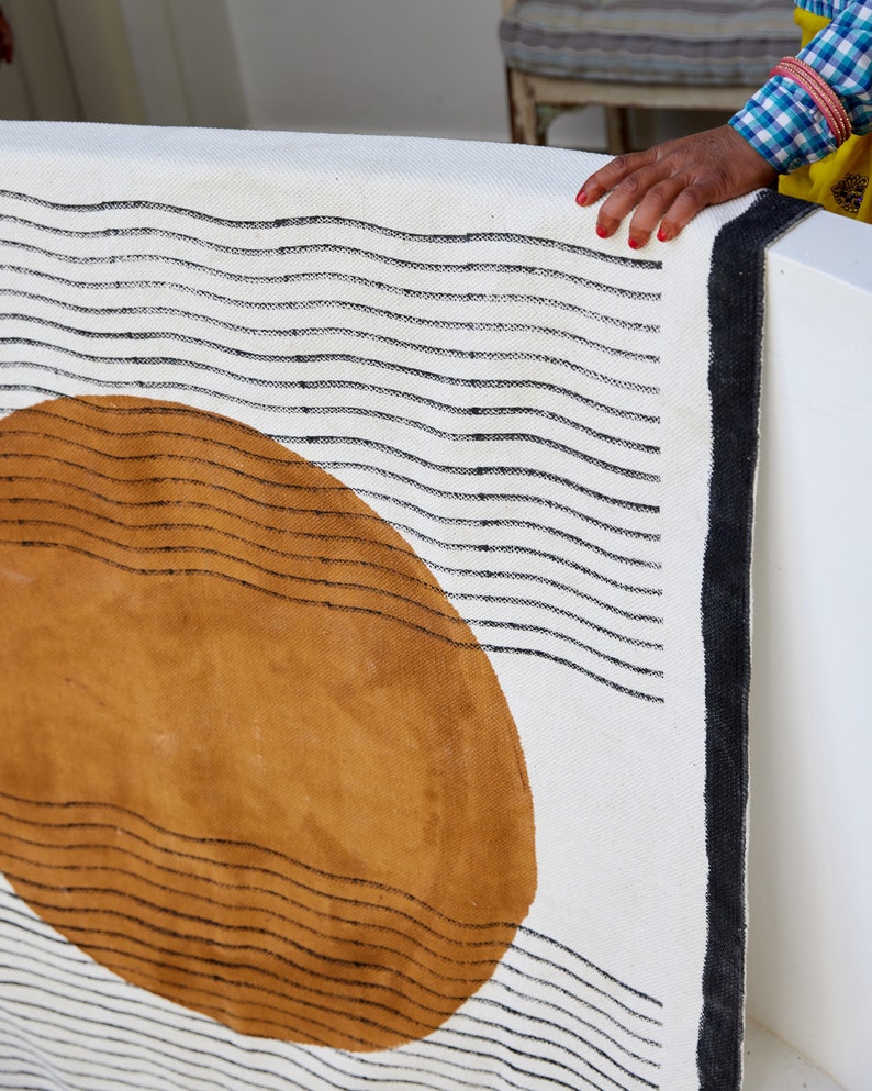 Handmade Cotton Area Rug: Boho Sun Design, Flatwoven