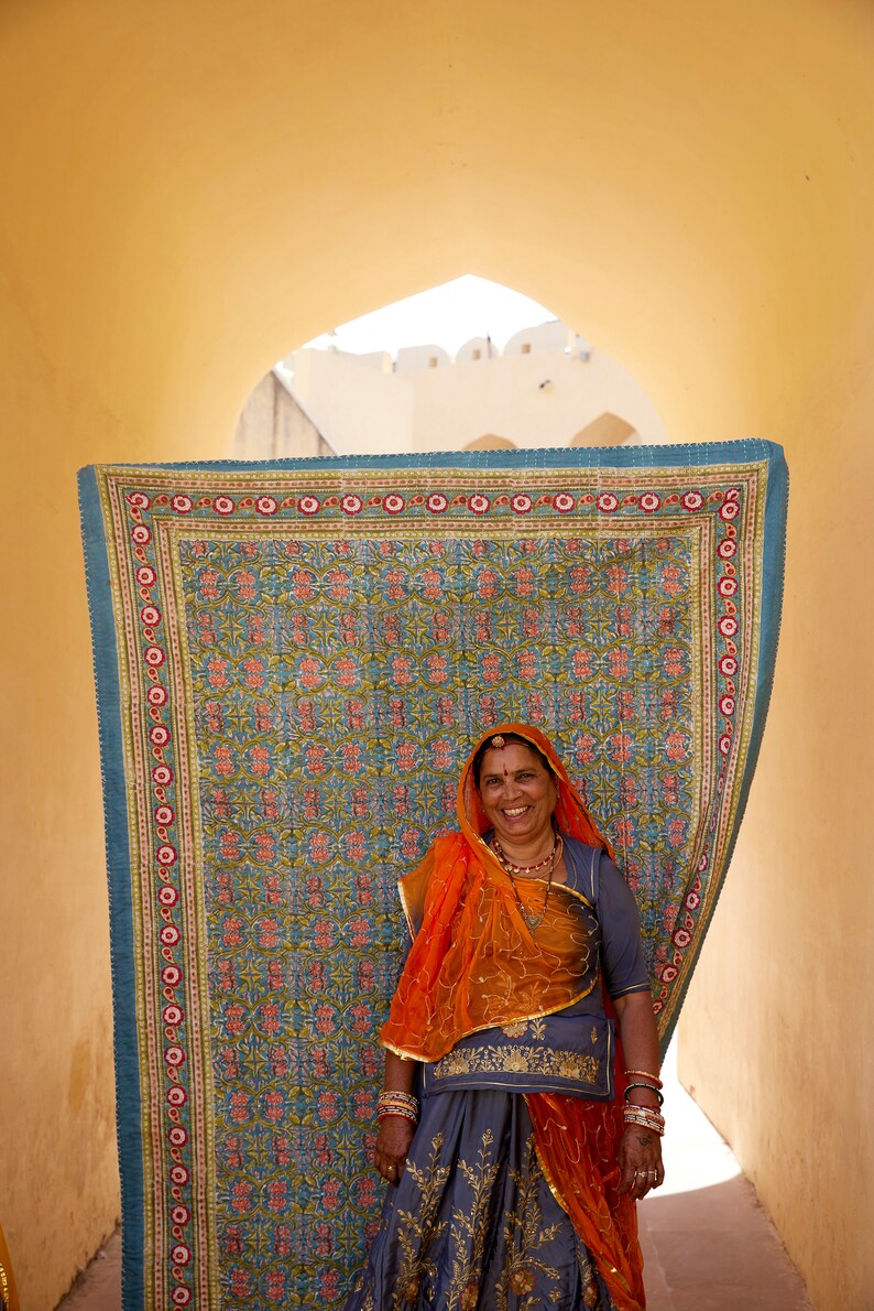 Hand-Stitched Kantha Throw Blanket: Blue Lotus Floral, Indian Cotton