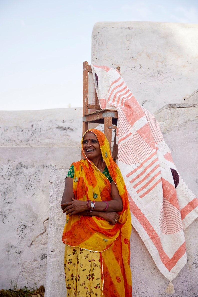 Hand-Stitched Linen Throw Blanket: Block Printed Kantha Tapestry
