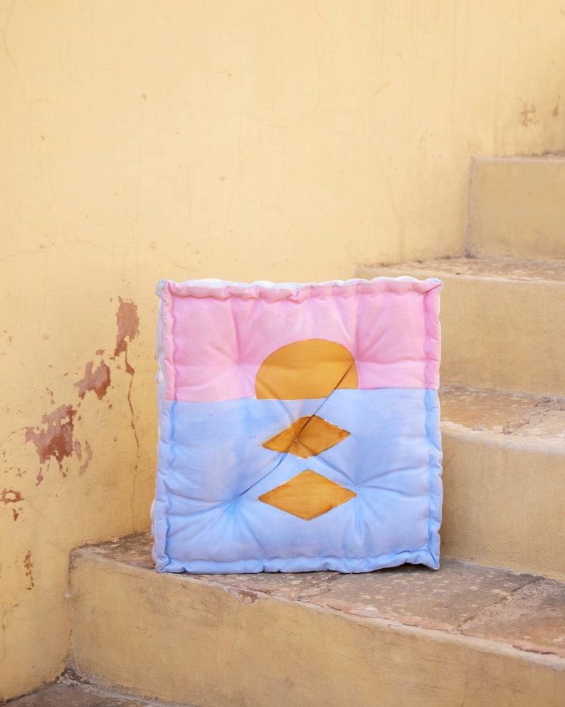 Reversible Block Printed Floor Pillow: Indian Handmade Cotton Cushion