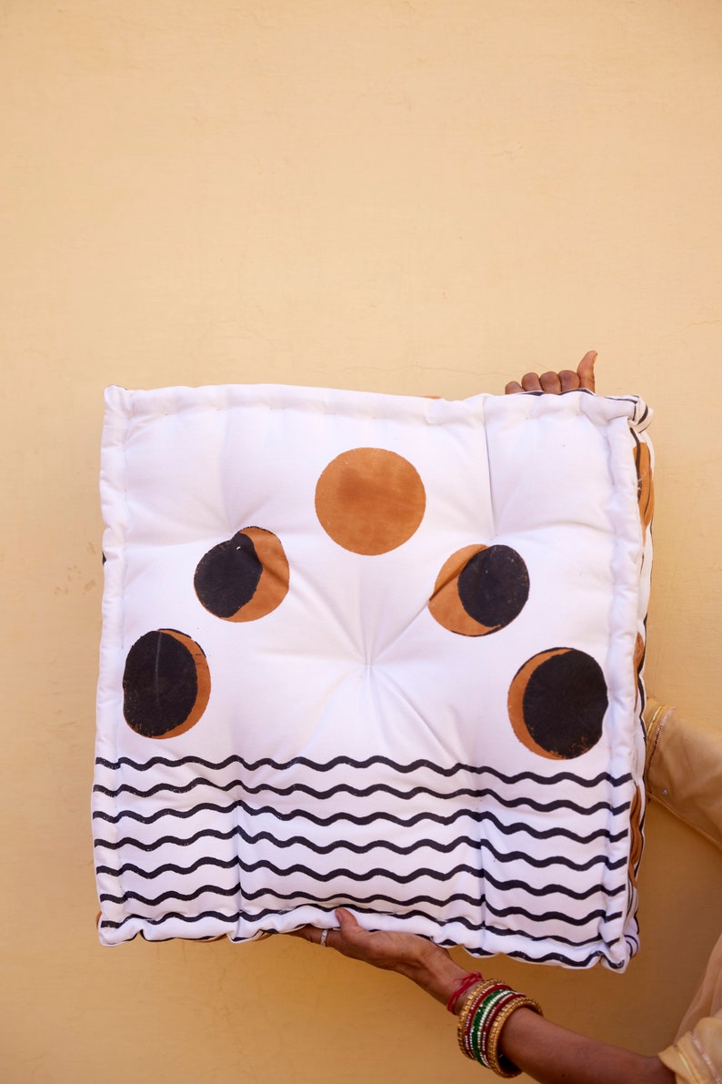 Handmade Cotton Block Printed Floor Cushion: Boho Moon Phase Decor