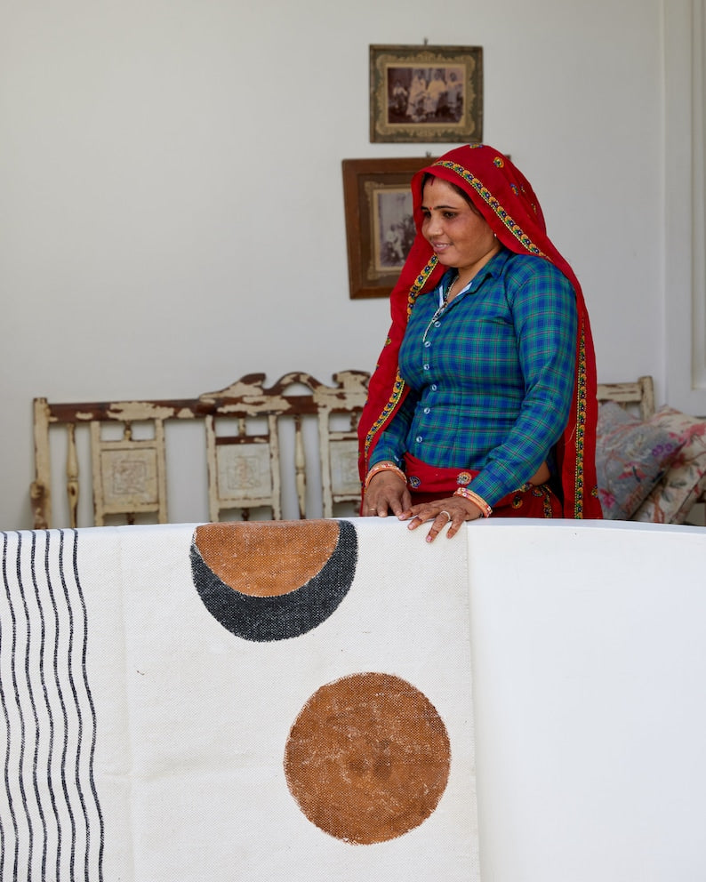 Handmade Moon Phase Cotton Rug: Boho Hand-Block Printed Dhurrie (4x6ft)