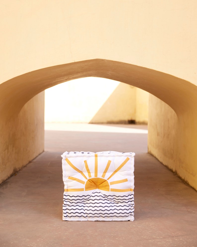 Hand-Block Printed Cotton Floor Cushion: Reversible Boho Pouf