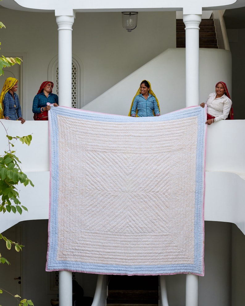 Pink King Size Kantha Quilt: Reversible Boho Block Print Comforter