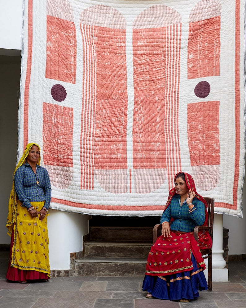 Handmade Cotton Quilt Set: Reversible Block Print Bedspread