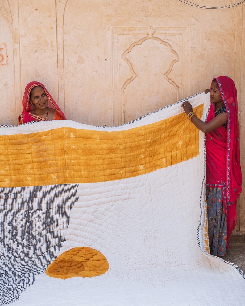 Hand-Block Printed Kantha Quilt Set: Reversible Boho Bedding