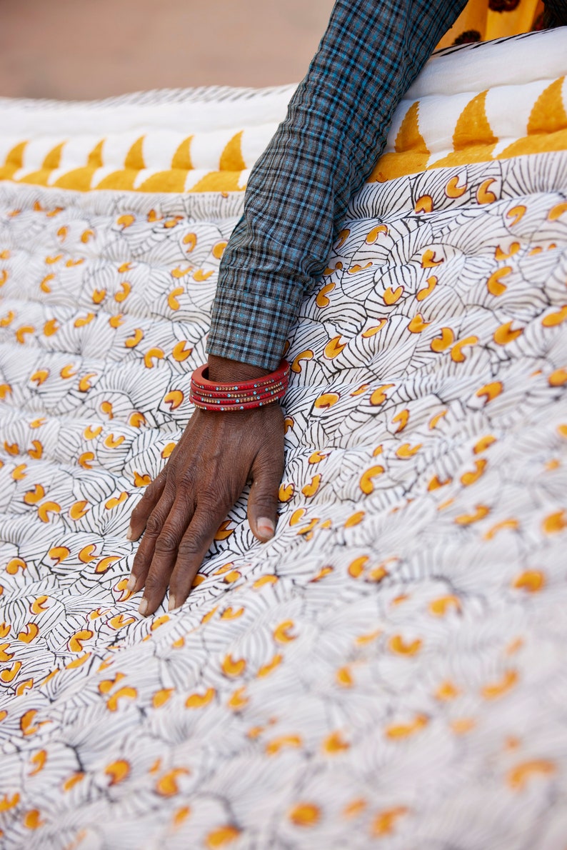 Handmade Block-Printed Cotton Quilt: Koloman Moser Design, Reversible Bedspread