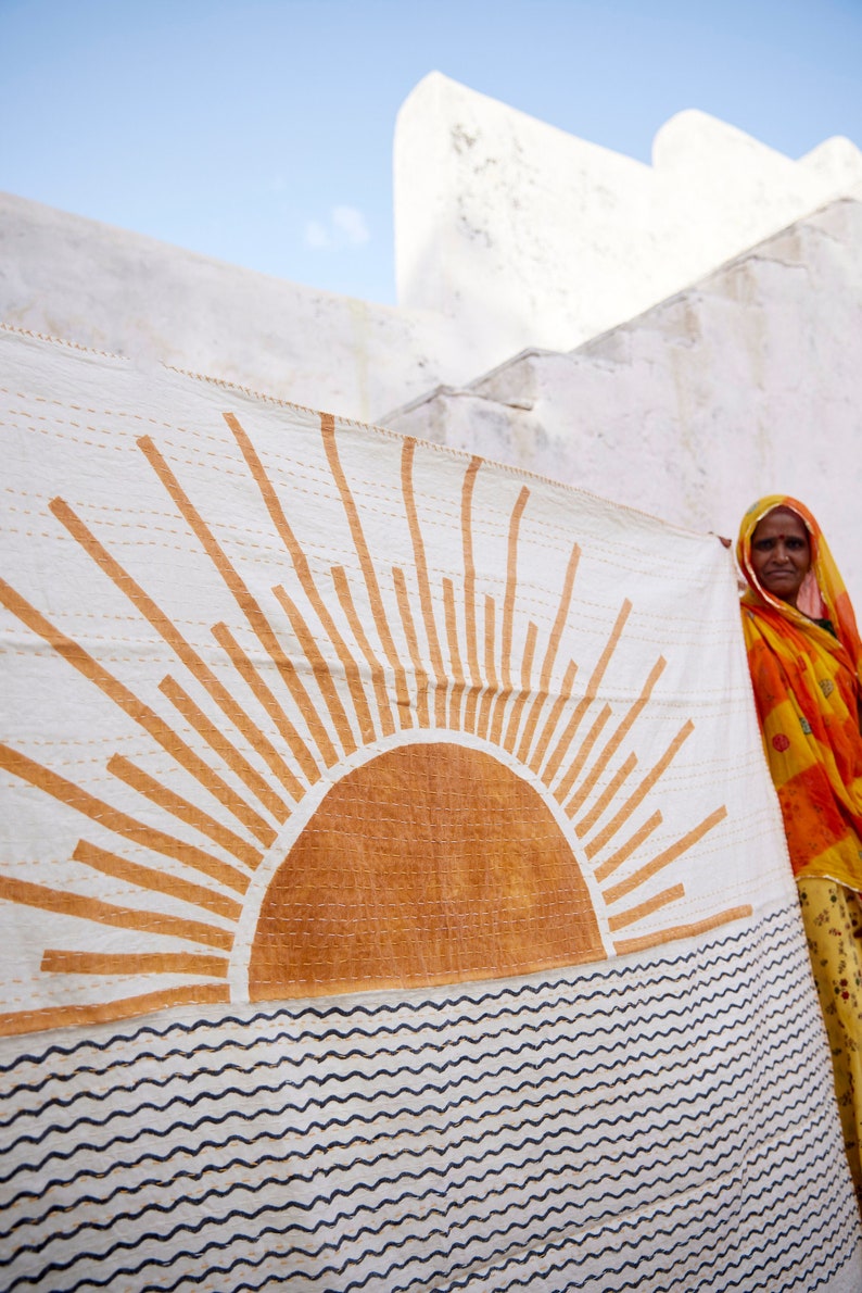 Handmade Linen Kantha Throw Blanket: Sun Design Block Print