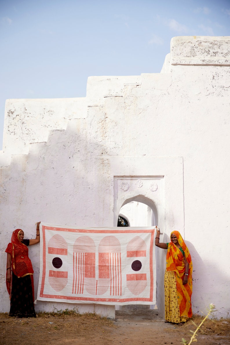 Handmade Linen Kantha Throw Blanket: Bauhaus Block Print