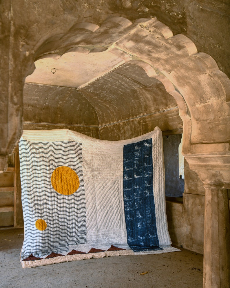 Handmade Block Print Twin Quilt: Cotton Kantha Stitched Oversized XL