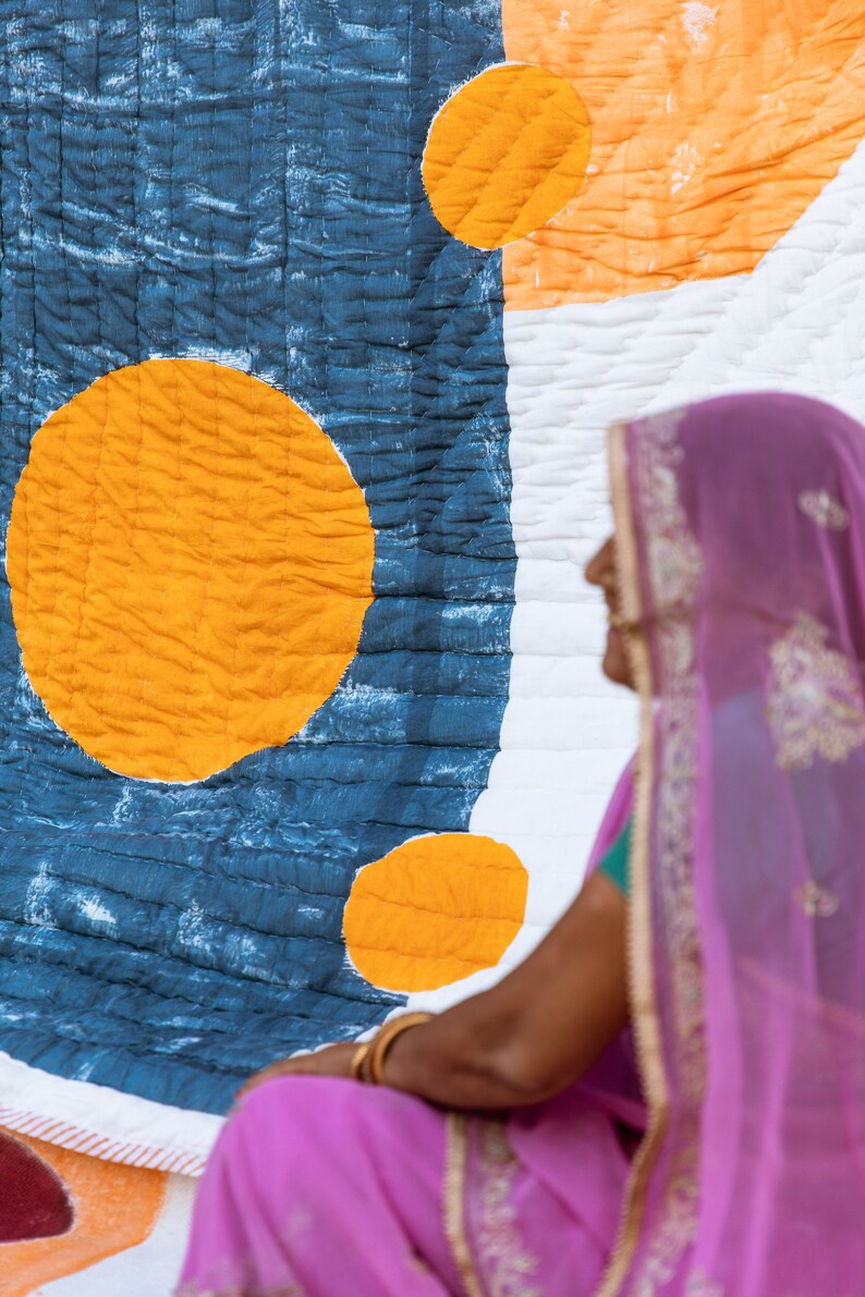Handmade Block Print Twin Quilt: Cotton Kantha Stitched Oversized XL