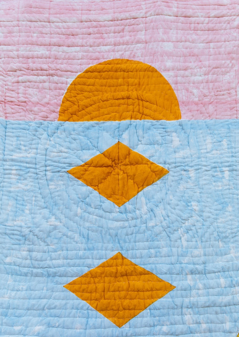 Handmade Kantha Stitched Quilt: Abstract Sunset Design, 100% Cotton