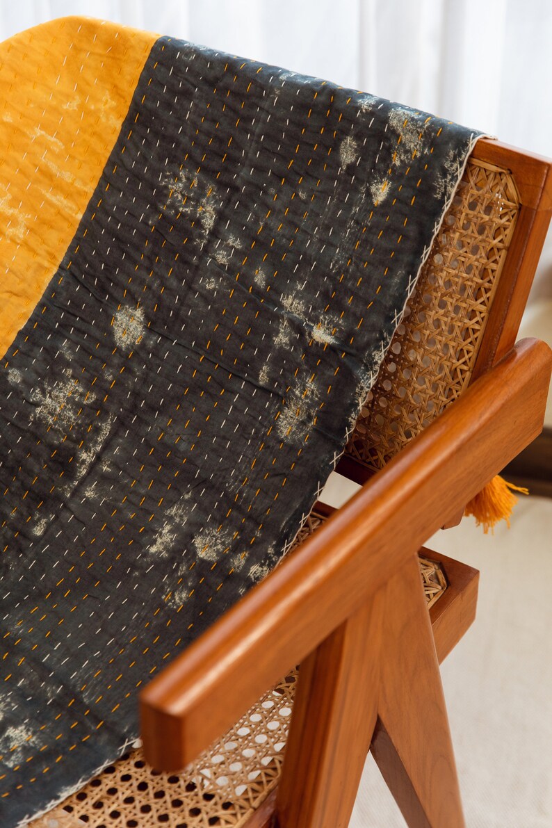 Handmade Kantha-Stitched Linen Throw: Block-Printed Boho Quilted Blanket