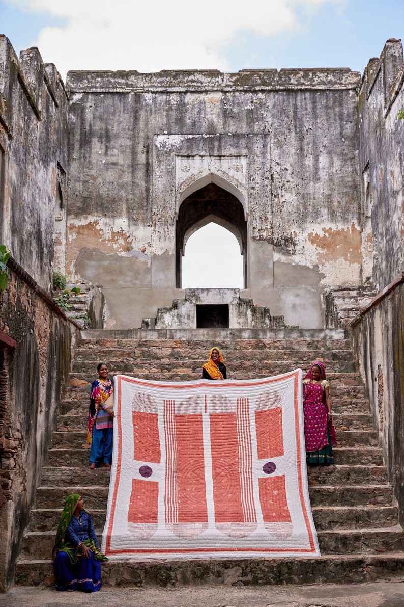 Handmade Queen Quilt Set: Block Printed Cotton Kantha Bedspread