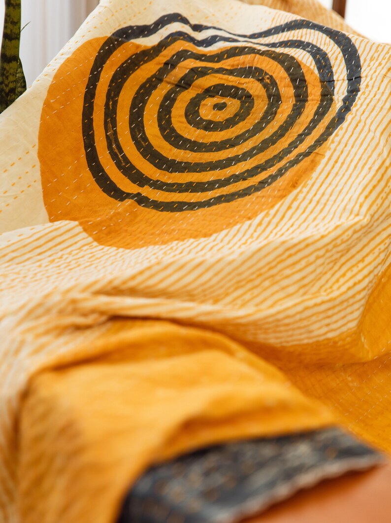 Handmade Kantha-Stitched Linen Throw: Block-Printed Boho Quilted Blanket