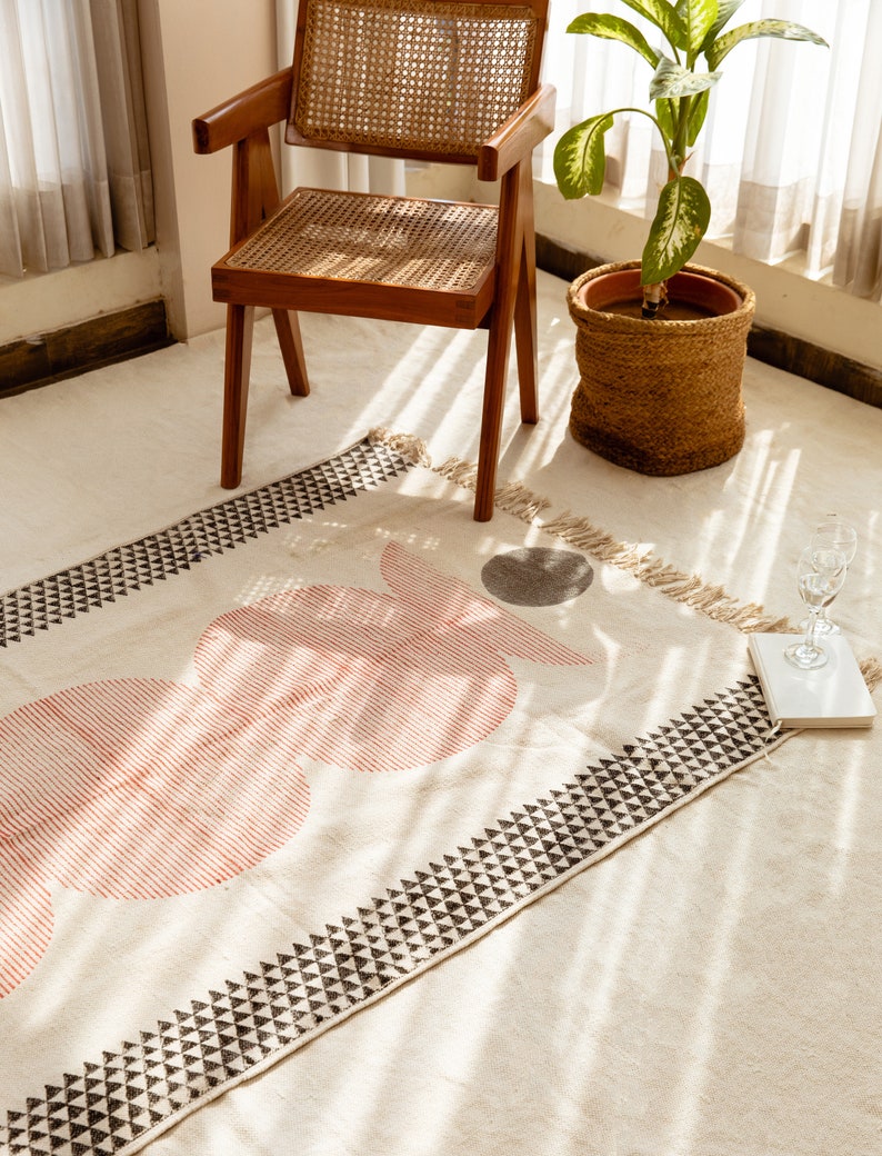 Handmade Cotton Dhurrie Rug: Modern Block Print Area Rug