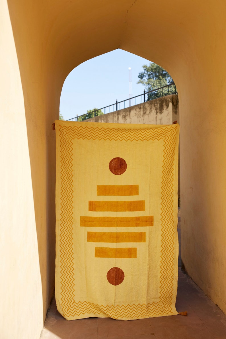 Handmade Yellow Cotton Picnic Blanket: Boho Kantha Stitched Tassels