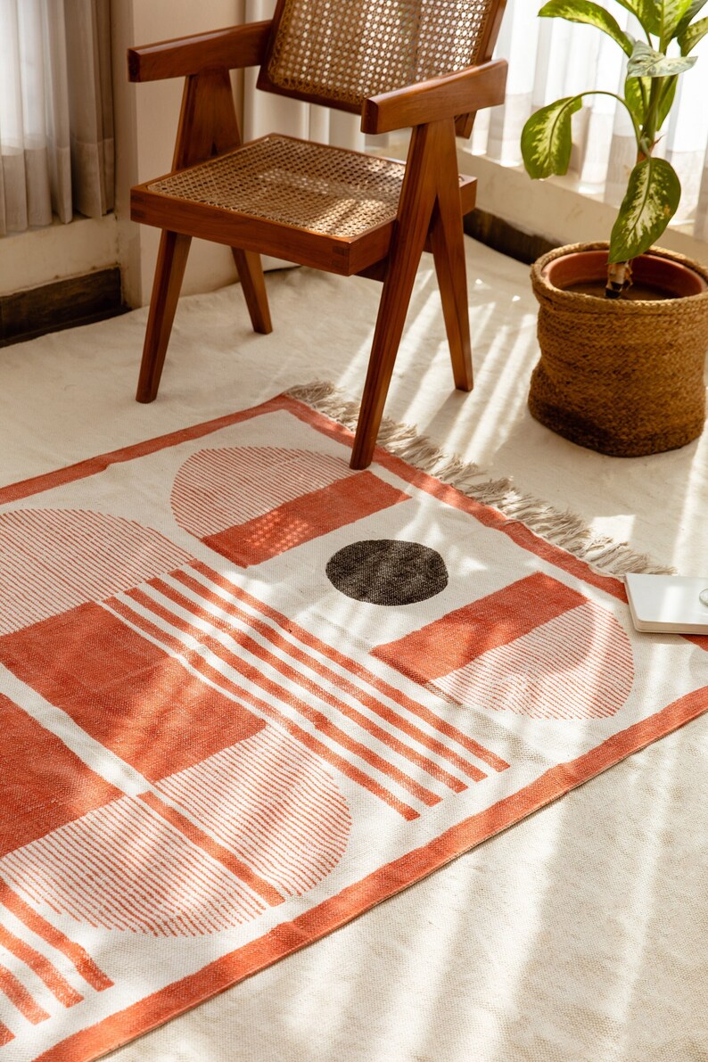 Hand Block Printed Cotton Rug: Terracotta & Black Geometric Rug - Boho Modern Decor