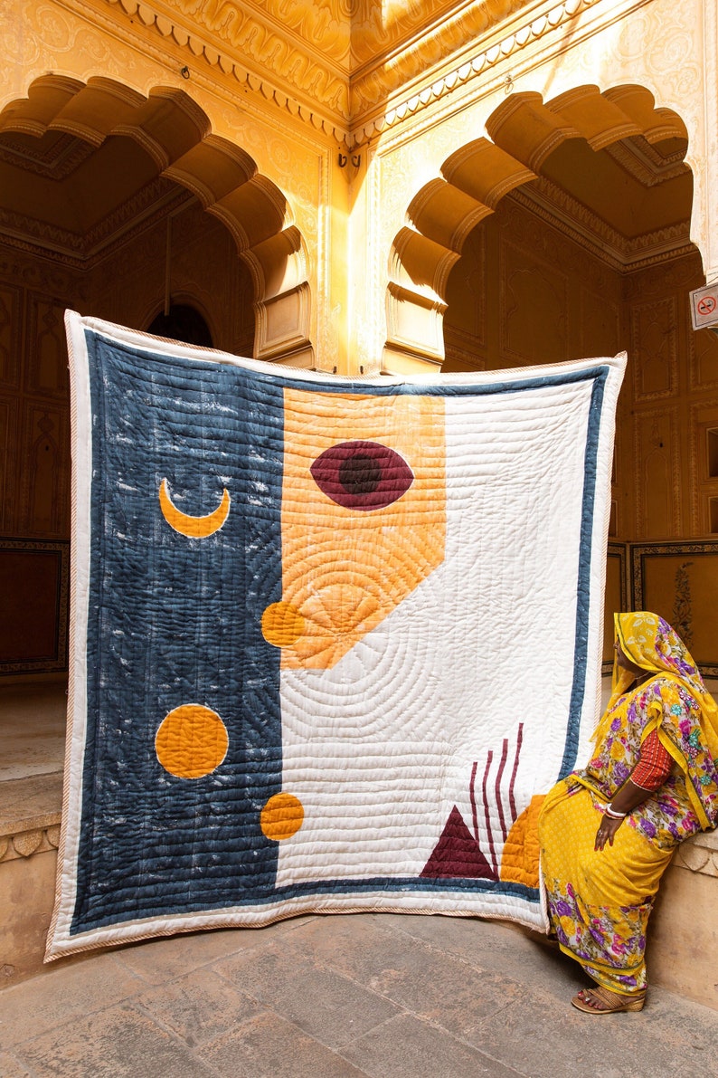 Handmade Block Print Twin Quilt: Cotton Kantha Stitched Oversized XL
