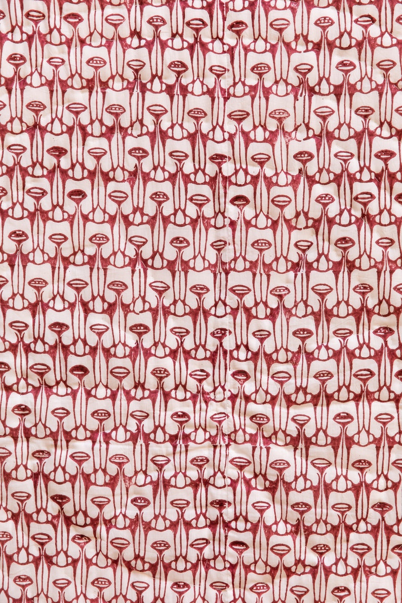 Red Handmade Block Print Quilt: Koloman Moser Inspired, King/Queen Size