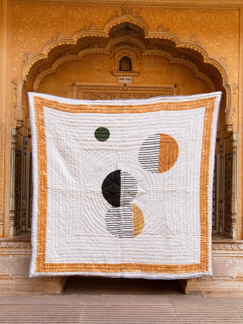 Handmade Block Printed Cotton Twin Quilt: Reversible Kantha Bedspread