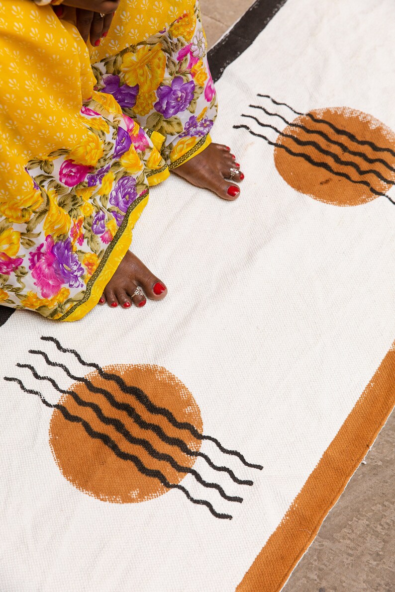 Block Printed Cotton Runner Rug: 2x6 Handmade Dhurrie Rug