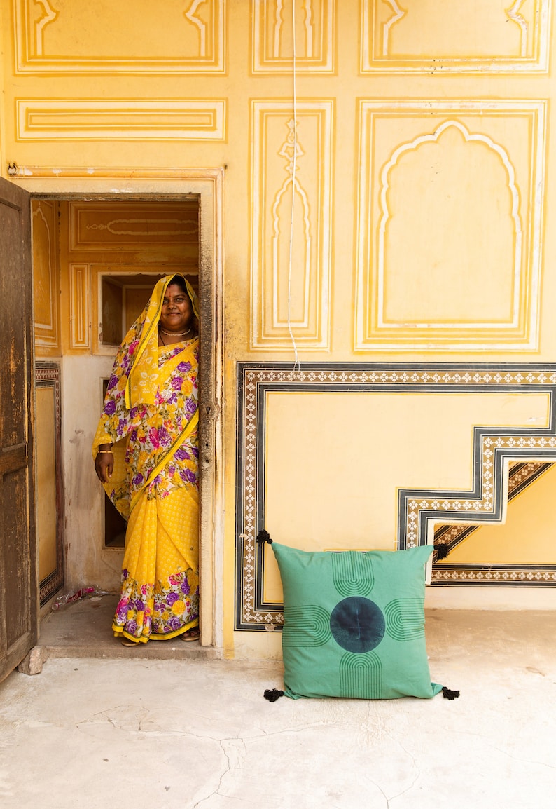 Handmade Queen Cotton Quilt: Green & Blue Block Printed Kantha-Stitched Bedspread