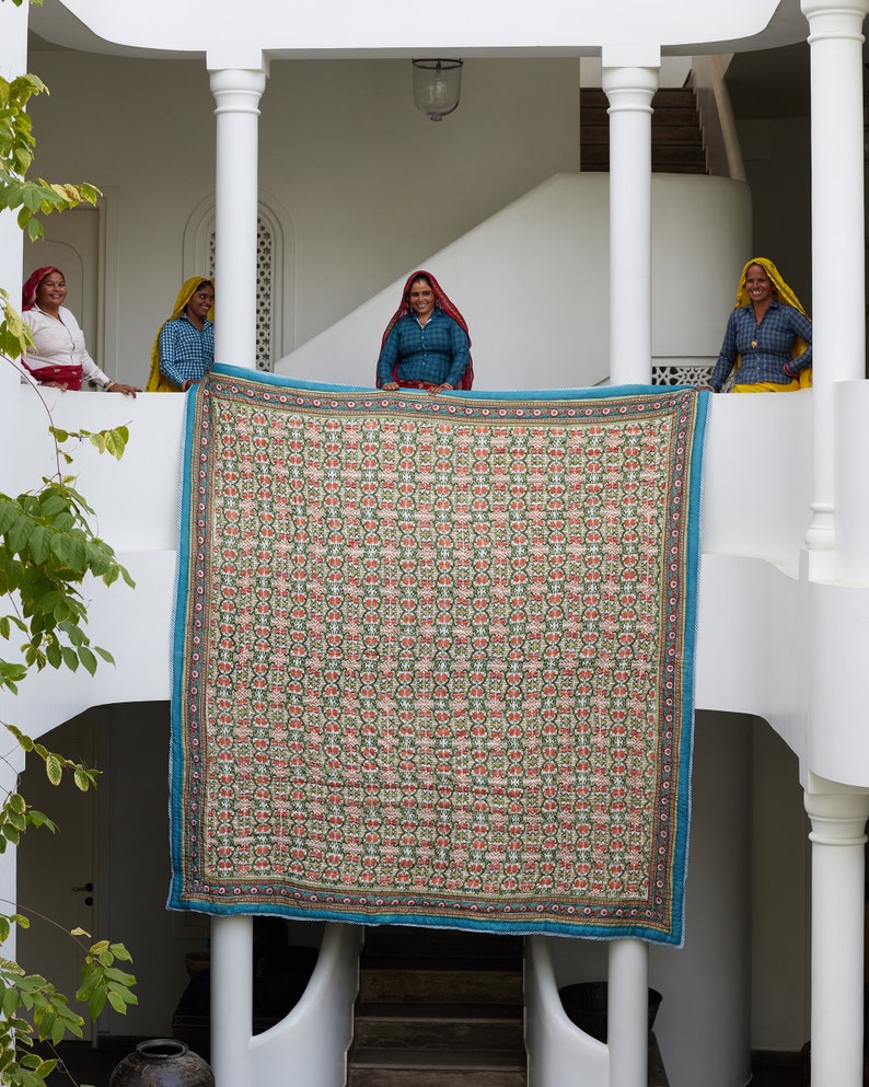 Handmade Queen Size Floral Quilt: Reversible Block Print Cotton Bedding