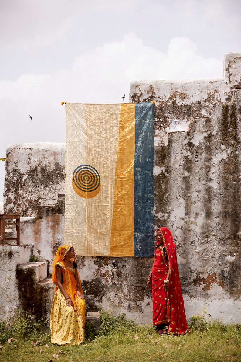 Handmade Linen Kantha Throw Blanket: Boho Mid-Century Modern