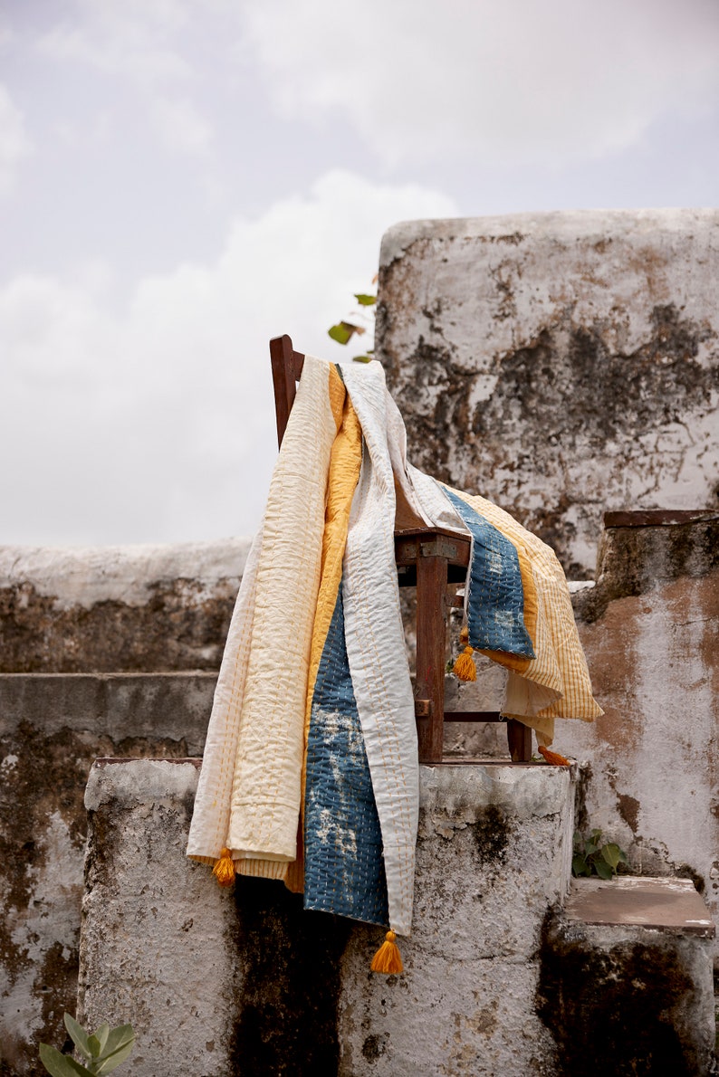 Handmade Kantha-Stitched Linen Throw: Block-Printed Boho Quilted Blanket