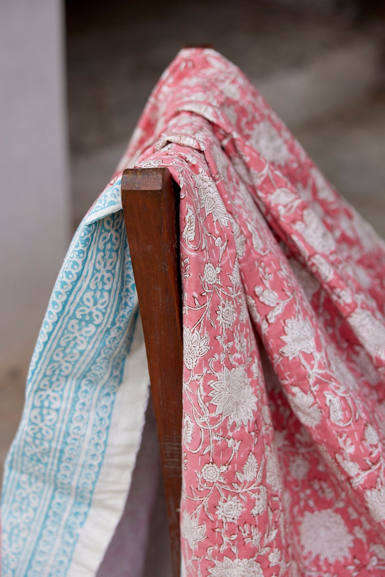 Pink Floral Kantha Quilt: Hand-Stitched Cotton Throw Blanket