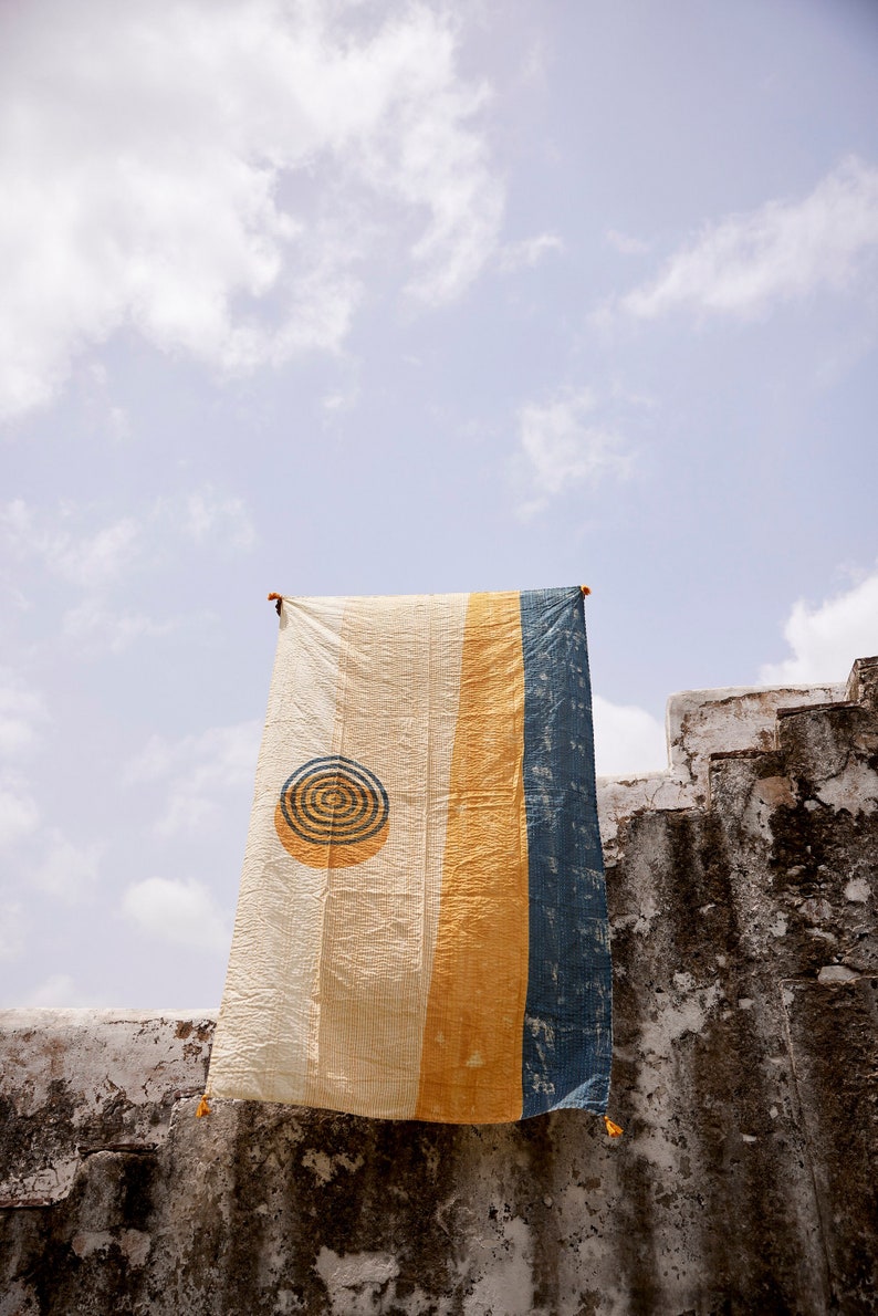 Handmade Kantha-Stitched Linen Throw: Block-Printed Boho Quilted Blanket