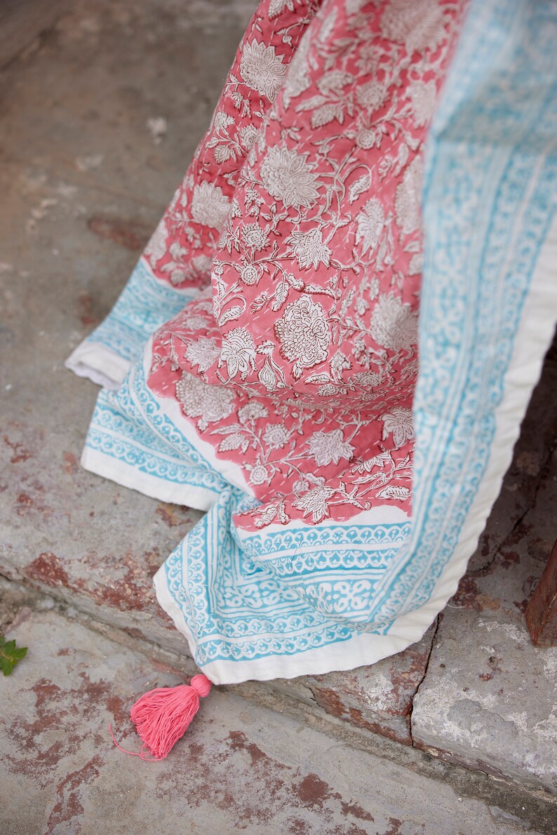 Pink Floral Kantha Quilt: Hand-Stitched Cotton Throw Blanket