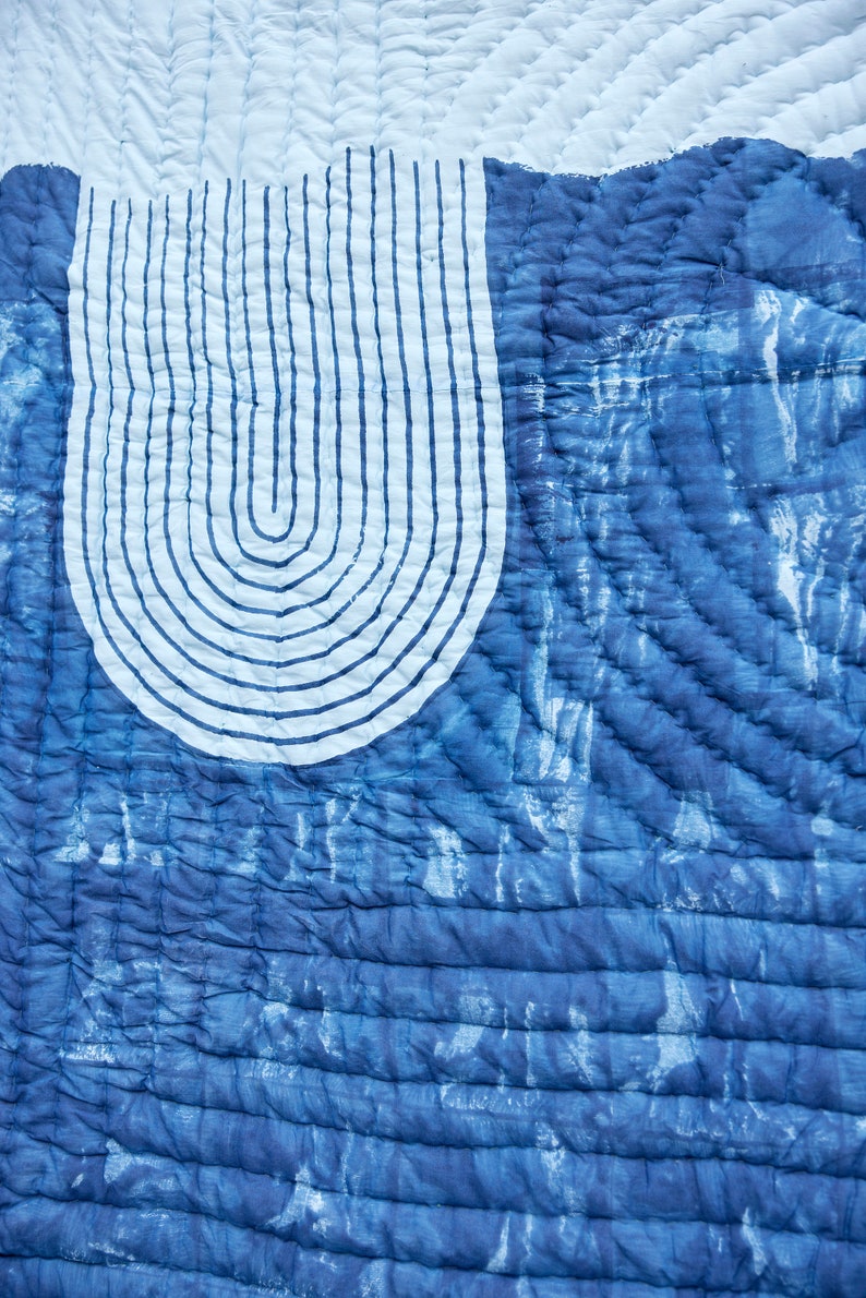Handmade Kantha Quilt: Reversible Blue Ocean Bedspread Set