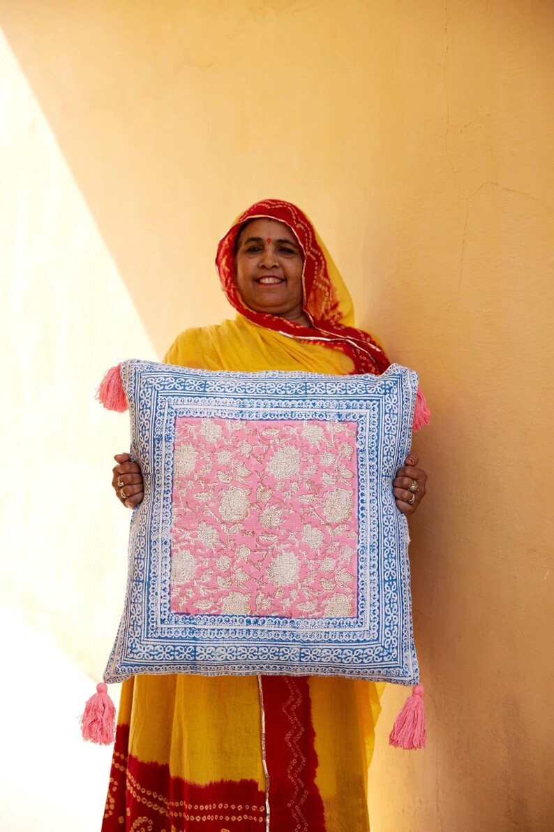 Handmade King Size Cotton Kantha Quilt: Reversible Pink & White Block Print