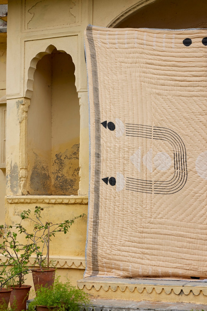Handmade Twin Quilt: Modern Kantha Stitch Cotton Bedspread
