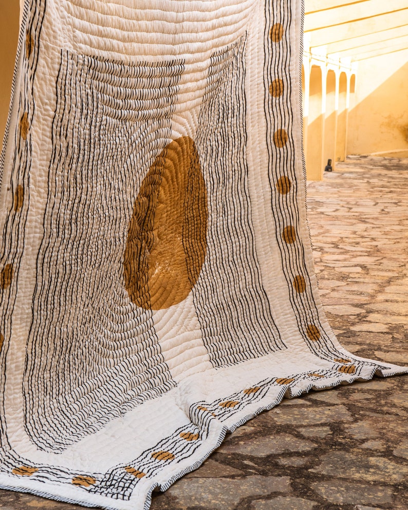 Handmade Cotton Quilt – Reversible Boho Comforter for Queen & King Beds, 100% Cotton Comforter Set, Block-Printed Indian Kantha Bedspread