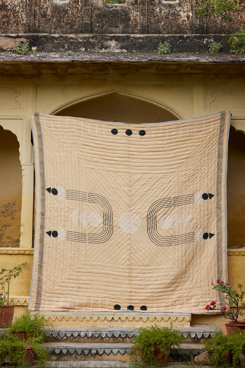 Handmade Twin Quilt: Modern Kantha Stitch Cotton Bedspread